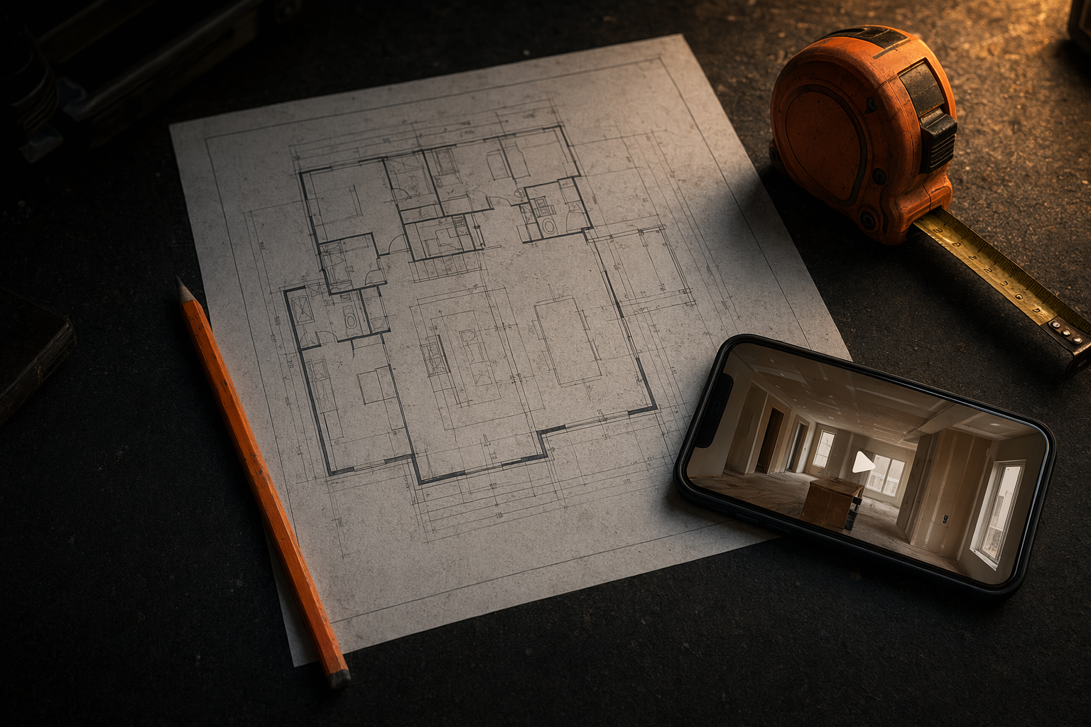 Blueprint and tape measure planning session