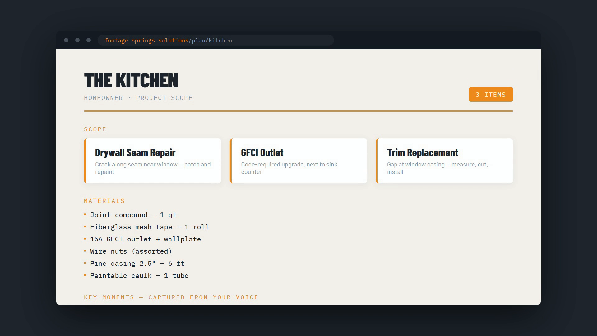 Full project scope with materials list